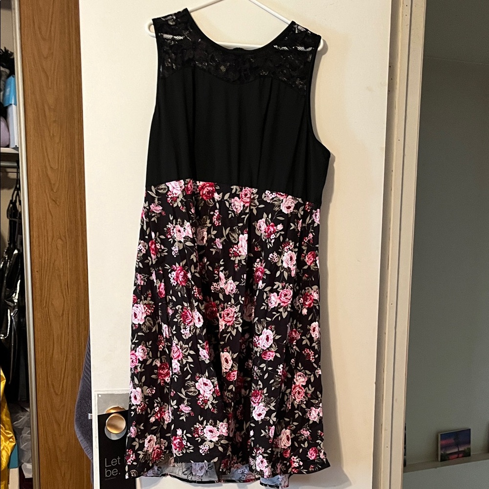 Black Lace Yoke Midi Dress with Pink Floral Skirt